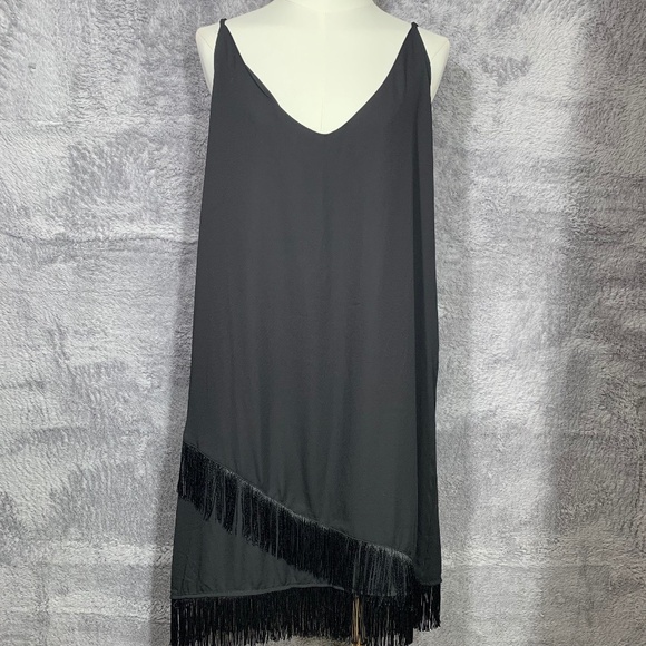Anna Cai for Francesca’s Women’s Black Fringe Hem Slip Dress Size Large NWT - Picture 1 of 9